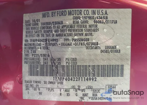 2002 Ford Mustang from USA, damaged, VIN 1FAFP40422F114992